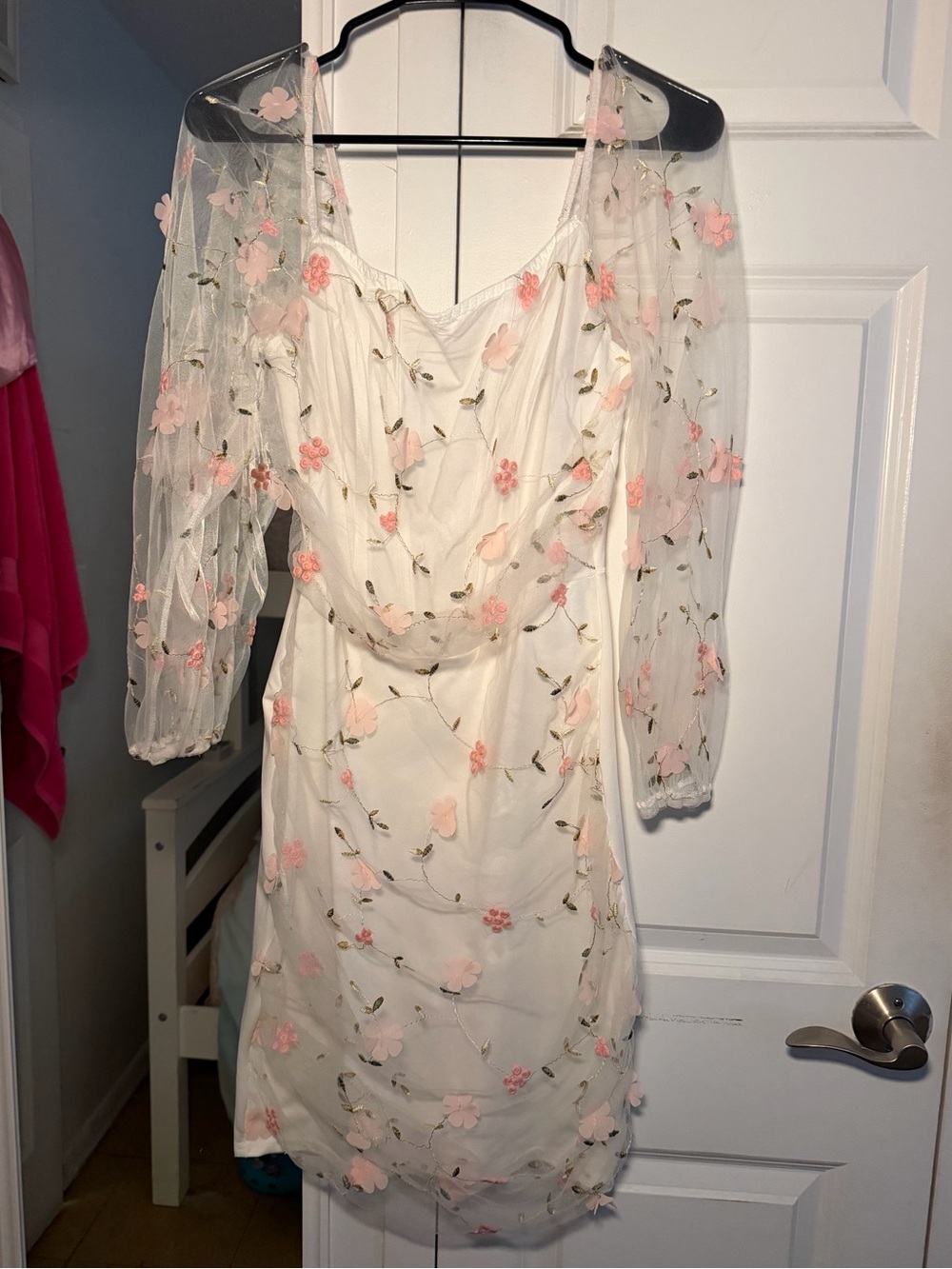 SHEIN White Mini Dress with Pink Floral Appliqué